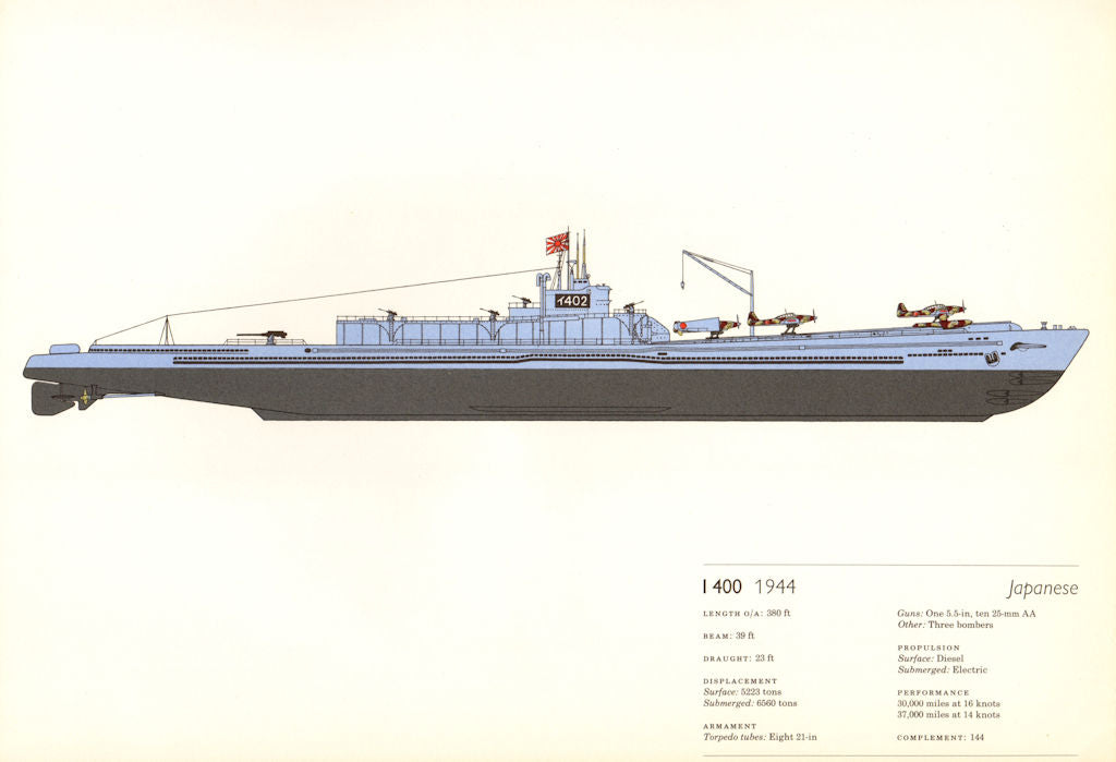I-400 (1944). Japanese submarine. Hugh Evelyn 1970 old vintage print picture